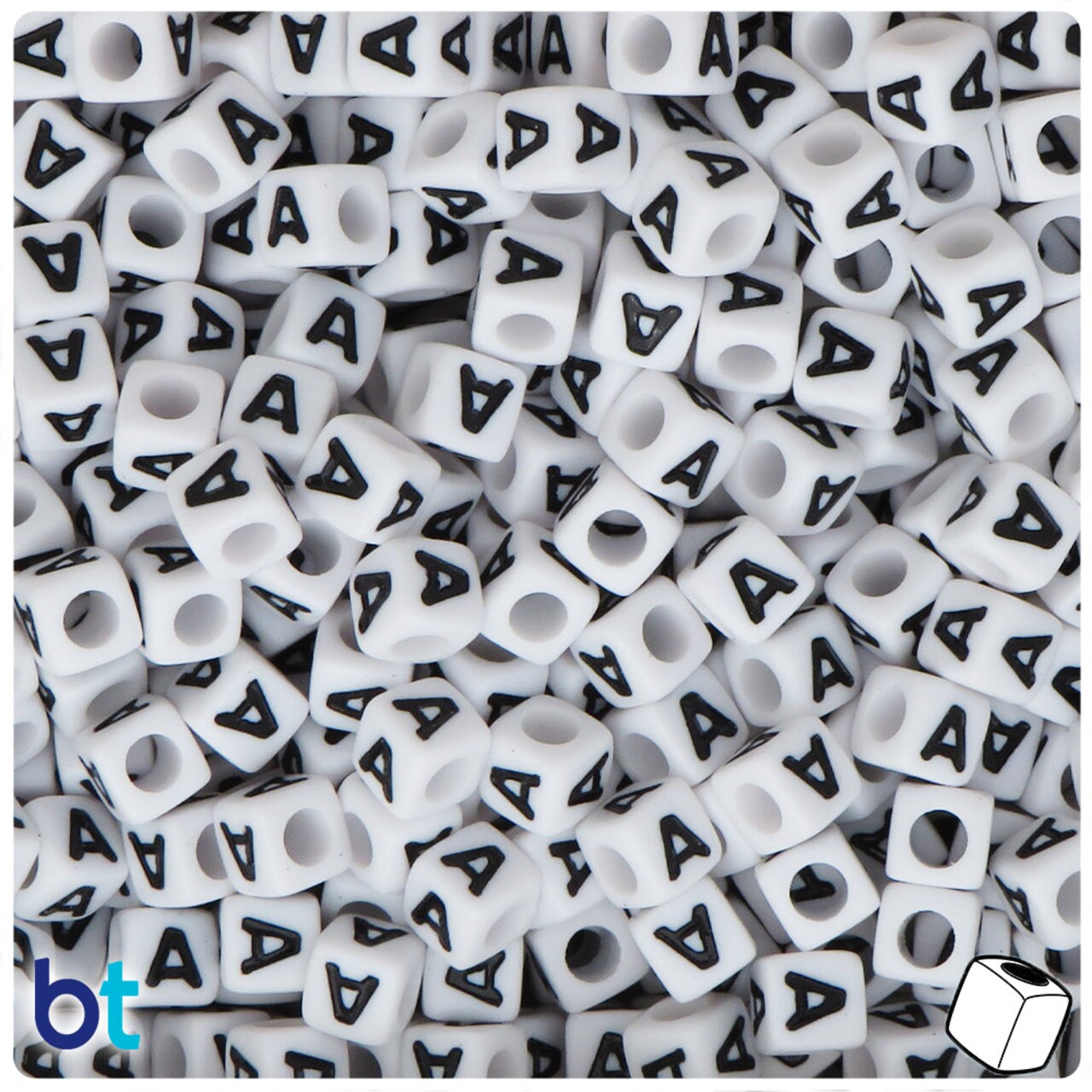 BeadTin White Opaque 7mm Cube Plastic Alpha Beads - Black Letter A (75pcs)